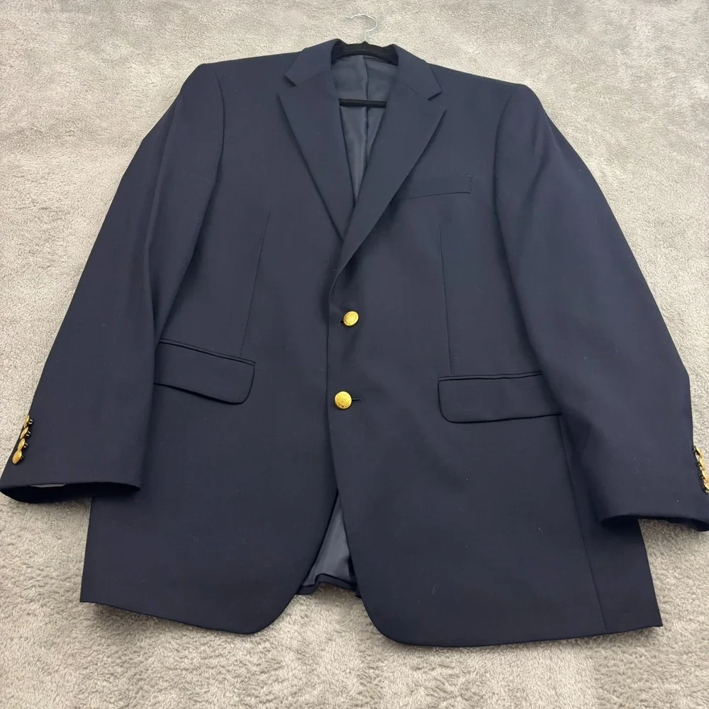 Chaps 100% Wool Gold Button Blazer Mens 42L Navy Blue Single Breast Preppy Yacht